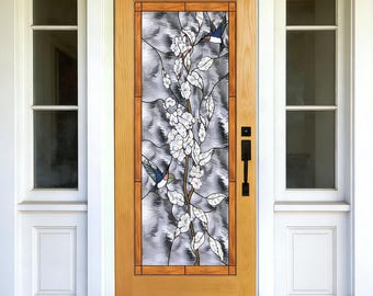Cherry Blossom Stained Glass Door with Hummingbirds | Custom Size White Floral Front Door | Nature Inspired Entry Door for Home Decor