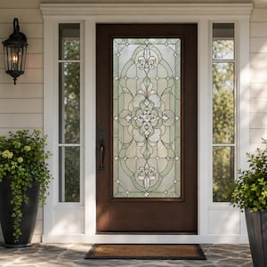 May include: A dark brown front door with a decorative glass panel featuring a floral design in shades of green and white. The door is flanked by sidelights and a black lantern. Potted plants sit on either side of the door.