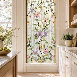 Art nouveau bloemen glas-in-lood raam privacyfolie, pastelkleurige sticker op de deur, aangepast formaat beschikbaar