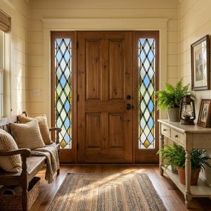 May include: A wooden front door with stained glass panels on either side. A bench with pillows and a woven rug are in the entryway. A small table with plants and a lantern is on the right side of the door. The walls are painted a light yellow.