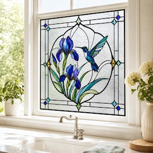Blue Iris Hummingbird Stained Glass Window Privacy Film, Decorative Floral Window Cling, Custom Size Available