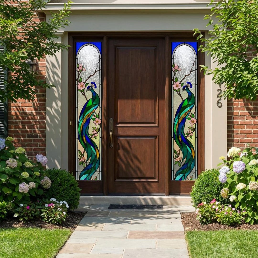 Craftsman Style Peacock Window Film • Front Door Sidelight Privacy ...