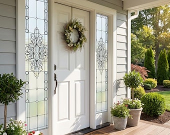Victorian Ornate Scroll Stained Glass Window Film – Decorative Privacy Sidelight Film for Front Door Entryways