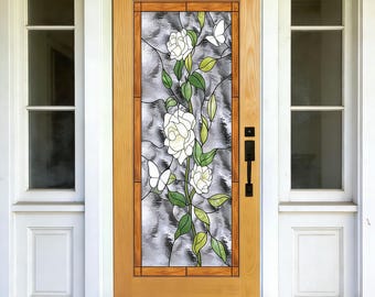 White Rose & Butterfly Stained Glass Door | Custom Size Floral Front Door | Elegant Nature Inspired Entry Door for Home Decor