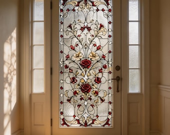 May include: A white door with a stained glass window featuring a floral design. The design includes red roses, cream-colored flowers, and ornate, swirling patterns in shades of red, gold, and green. The door is flanked by sidelights.