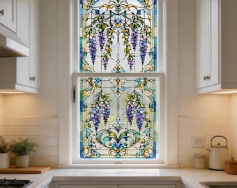 Custom Size Available Tiffany Style Wisteria Stained Glass Window Film, Kitchen Window Privacy Film, Frosted Static Cling Glass Decal