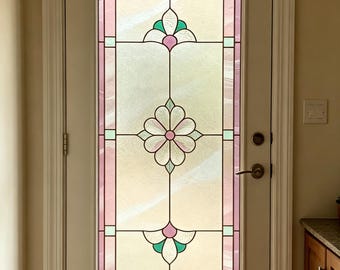 Stained Glass Window Film for Front Door Privacy Frosted Pink Floral Sidelight Door Glass Cover Decorative Static Cling Custom Size