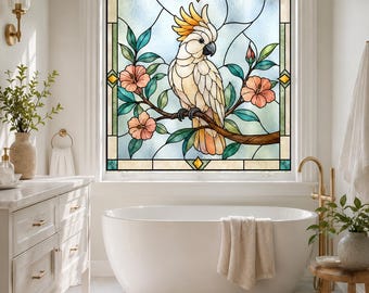 Cockatoo Stained Glass Window Privacy Film, Tropical Bird Floral Decal, Custom Size Available