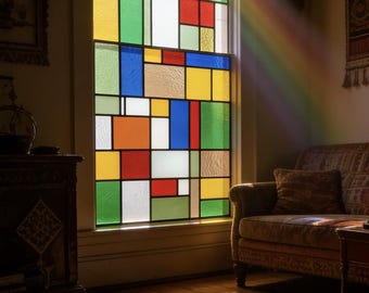 May include: A colorful stained-glass window with a geometric design of rectangles and squares in red, yellow, green, blue, and white. Sunlight streams through, casting a rainbow and colorful patterns on the wooden floor.