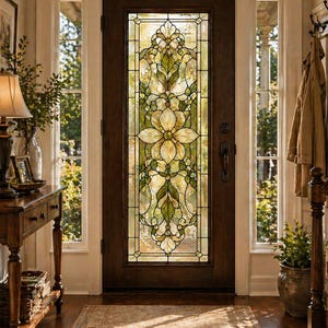 May include: A dark wood front door featuring a large, vertical stained glass panel with a floral motif in shades of cream, amber, and green. The door is framed by white trim and flanked by two narrow, vertical glass sidelights in a bright entryway.