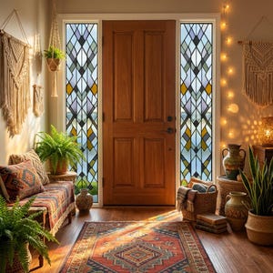 May include: An inviting entrance hall with a wooden door and stained glass panels. A patterned rug and bench with cushions enhance the bohemian style. Plants, macrame wall hangings, and a basket with blankets complete the cosy, stylish decor.