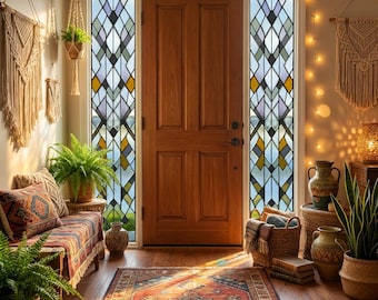 Stained Glass Window Film • Privacy Decor for Front Door Sidelights • Green Diamond Lattice Static Cling • Non-Adhesive Reusable Decal