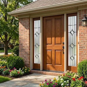 Puede incluir: Una puerta de entrada de madera con paneles laterales de vidrio decorativos. La puerta está rodeada por una fachada de ladrillo y un jardín bien cuidado con flores coloridas. Diseño exterior tradicional.
