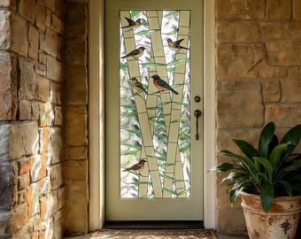 Stained Glass Bamboo & Birds Window Film - Custom Size - Zen Botanical Privacy Cling