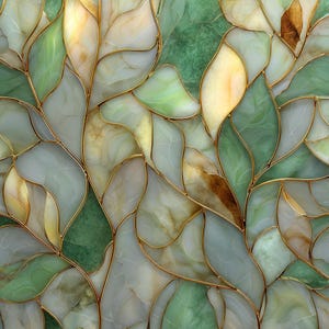 Op de afbeelding: Abstract glas-in-lood ontwerp met een patroon van gestileerde bladeren in tinten groen, wit en geel. De bladeren zijn omlijnd met dunne gouden lijnen, waardoor een mozaïekeffect ontstaat. Het algehele ontwerp heeft een natuurlijk, organisch gevoel.