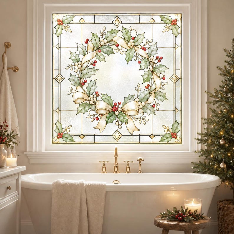 Christmas Wreath Window Privacy Film, Faux Stained Glass Holly Berry ...