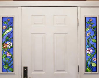 Stained Glass Floral Window Film • Vintage Art Nouveau Privacy Cling • Custom Size Botanical Sidelight Window Decor for Front Door