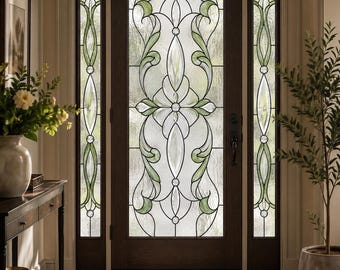 Sage Green Floral Door Glass Film, Stained Glass Privacy Window Cling, Decorative Front Door Sidelight Decal, Made to Fit