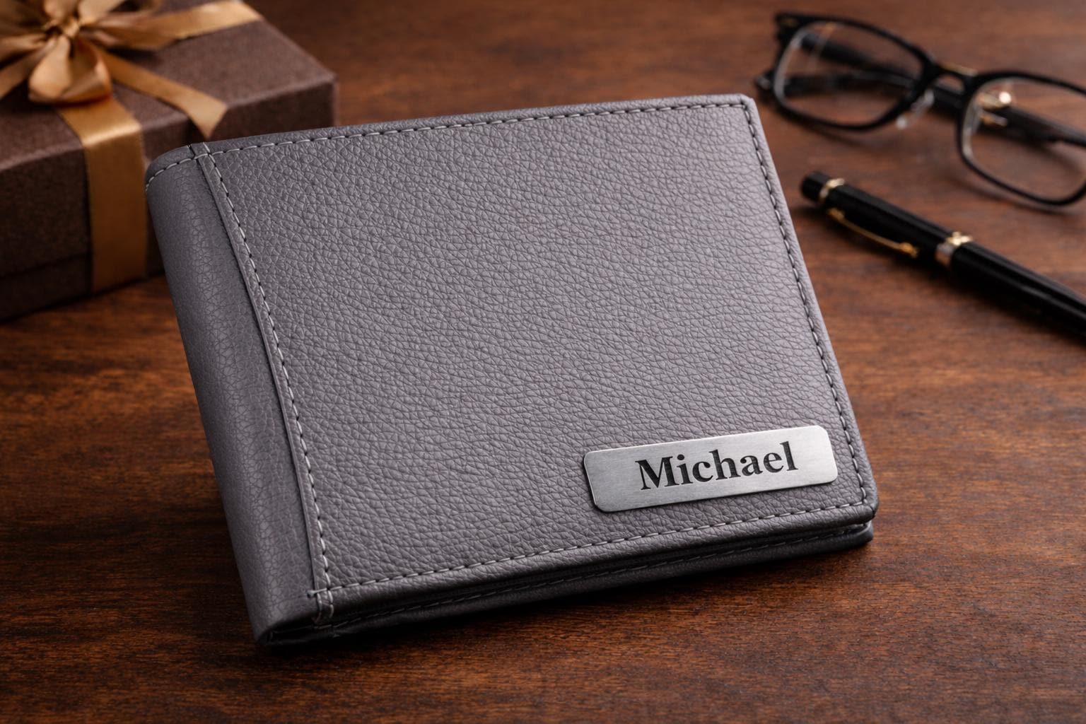 Personalized Men's Wallet with Metal Name Plate - Custom Father's Day Leather Bifold - Gift for Him, Dad, Papa