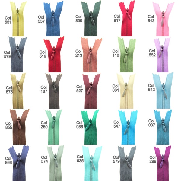 Concealed Invisible Zips / Zipper (30 Colours & 4 Sizes) - 8" / 9" / 16" and 22" Zippers
