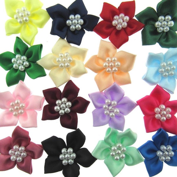 Poinsettia Satin Ribbon Bows with Pearl Cluster - 40mm- 18 Colours Available