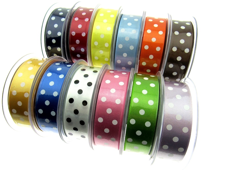 x 15mm Berisfords Essentials Polka dot Satin Ribbon 20m Whole Roll