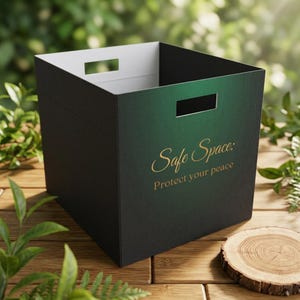 Green Gradient Felt Storage Box | Gold Script Safe Space Organizer (14.5" x 13")