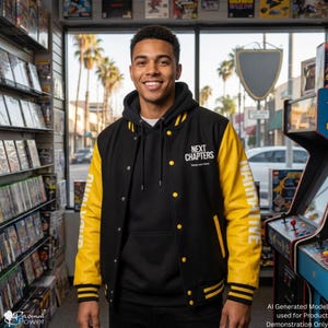 May include: A black and yellow varsity jacket with a black hoodie underneath. The jacket features the text NEXT CHAPTERS on the chest and white lettering on the yellow sleeves. The jacket has a snap button closure and striped ribbed cuffs.