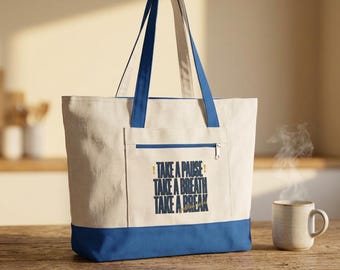 Tygväska i canvas, citat "Ta en paus", tygväska med dragkedja och grafisk design (100 % bomull)
