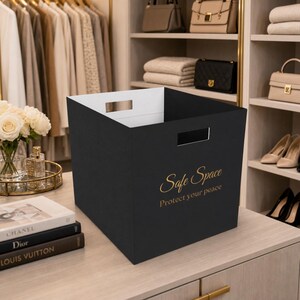 Black Felt Storage Box | Gold Script Safe Space Decor Bin (14.5" x 13")