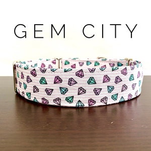 Gem City White and Pink Stripe with Multicolored Gems Dog/Cat Collar and/or Leash image 1