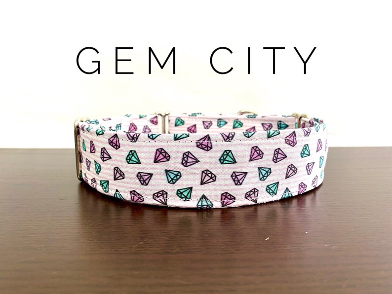 Gem City White and Pink Stripe with Multicolored Gems Dog/Cat Collar and/or Leash image 1