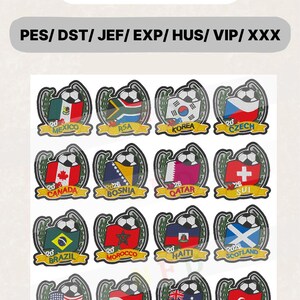 May include: A collection of embroidered patches featuring flags of various countries, including Mexico, Canada, and the USA, with a soccer ball design and the text "2026". The words "Instant Download" and "PES/DST/JEF/EXP/HUS/VIP/XXX" are also present.