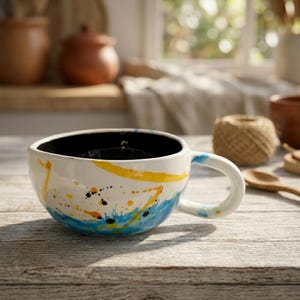 Può includere: Un'ampia tazza in ceramica con esterno bianco lucido caratterizzato da schizzi e gocce di vernice astratta gialla e blu. L'interno della tazza è nero tinta unita. Presenta un manico spesso e arrotondato e una base curva e liscia.