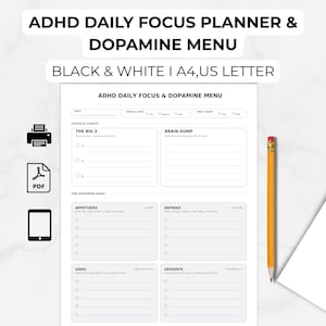 Può includere: Un foglio stampabile di pianificatore giornaliero ADHD e menu della dopamina in bianco e nero, nei formati A4 e US Letter. Il layout include sezioni per data, livello di energia, farmaci, priorità, appunti e categorie di attività quotidiane.