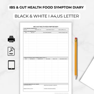 May include: A black and white IBS & Gut Health Food Symptom Diary printable page with sections for daily overview, meals, digestive symptoms, and hydration. A yellow pencil is placed to the right of the document. Icons for printer, PDF, and tablet are shown.