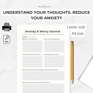Afdrukbaar zorgdagboek | Werkblad angstverlichting pdf | Mental Health Tracker, Brain Dump-pagina, CGT-journaling-inzetstukken | A4 VS-brief