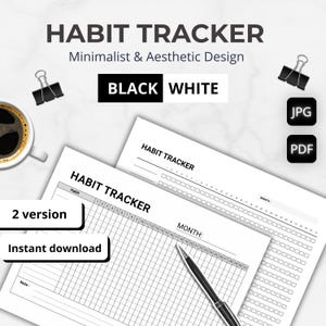 Puede incluir: Un diseño minimalista de seguimiento de hábitos en blanco y negro. La imagen presenta dos versiones del rastreador, con el texto "HABIT TRACKER" en un lugar destacado. Incluye un bolígrafo, clips y las palabras "2 version" y "Instant download".