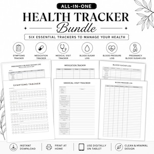 Könnte beinhalten: Ein schwarz-weißes Gesundheitstracker-Bundle mit sechs wesentlichen Trackern zur Verwaltung Ihrer Gesundheit. Enthält Symptom-, Medikamenten-, Arztbesuchs-, Blutzucker-, Blutdruck- und Schwangerschafts-Blutzuckerprotokolle.
