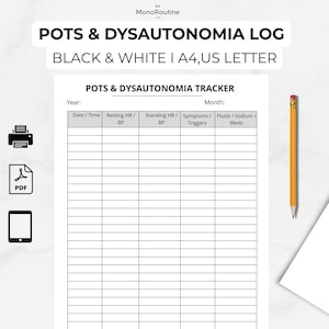 Rastreador de POTS imprimible, registro de frecuencia cardíaca para disautonomía, hoja de presión arterial por pulso ortostático, diario de enfermedades crónicas para iPad, tamaño carta estadounidense A4