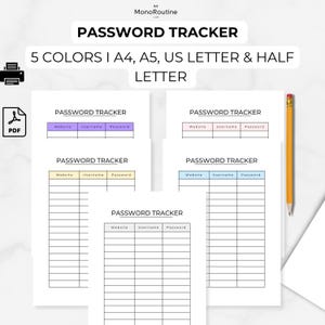 Puede incluir: Un conjunto de plantillas imprimibles de seguimiento de contraseñas en cinco colores: morado, rosa, amarillo, azul y gris. Cada hoja incluye columnas para sitio web, nombre de usuario y contraseña. Texto: "PASSWORD TRACKER" y "5 COLORS | A4, A5, US LETTER & HALF LETTER".