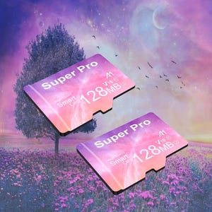 May include: Two Super Pro 128MB A1 V10 Smart Cards with a pink and purple gradient design. The cards are set against a dreamy background of a tree, flowers, and a celestial sky.