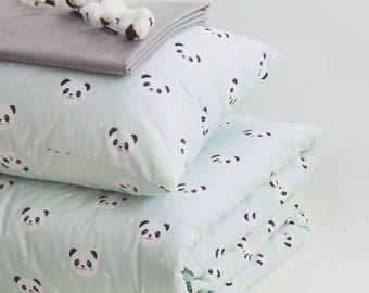 Cotton Bedding Set Twin Panda Mint, Duvet Cover Set, Soft Breathable Bed Sheets, Kids Bedding, Cute Bedroom Decor, Gift Set for Home