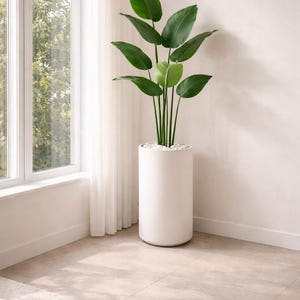 Large Modern Floor Planter with Artificial Banana Tree – Indoor Decor – White Black Gray
