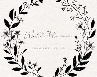 Corona de flores silvestres: Borde floral con dibujo lineal (PNG/SVG)