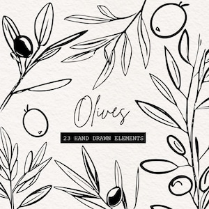 May include: Black and white hand-drawn illustration of olive branches and olives. The word "Olives" is written in cursive script. The text "23 HAND DRAWN ELEMENTS" is in a black rectangle.