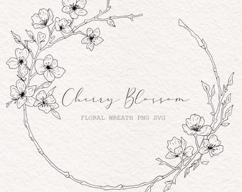 Minimalist Cherry Blossom Wreath, Line Art Floral (PNG SVG)