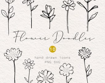 Floral Line Art Doodles, Flower Sketches (PNG, SVG)