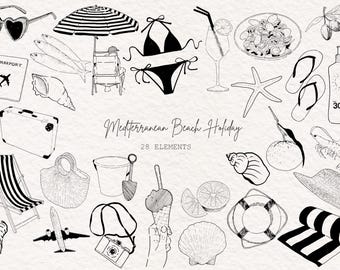 Conjunto de imágenes prediseñadas de playa mediterránea: ilustraciones de viajes costeros (descarga digital PNG SVG)