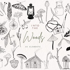 Bos PNG, bosrijke PNG, outdoor avontuur PNG, handgetekende lijn kunst clipart, natuur doodles, natuur kamperen, paddestoel boom, commercieel gebruik